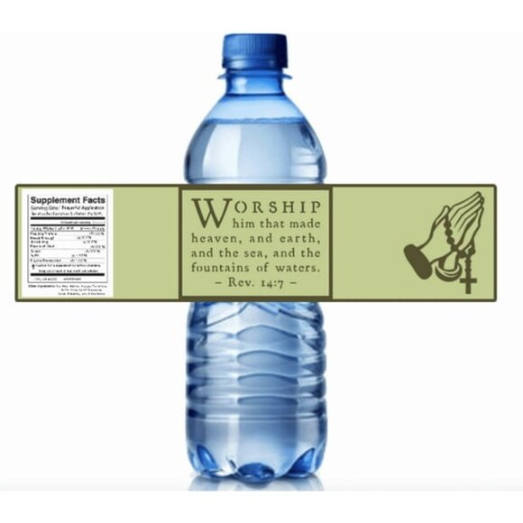 Inspirational Scripture Water Bottle Label with Rev. 14:7 Quote, Religious - Picture 1 of 4
